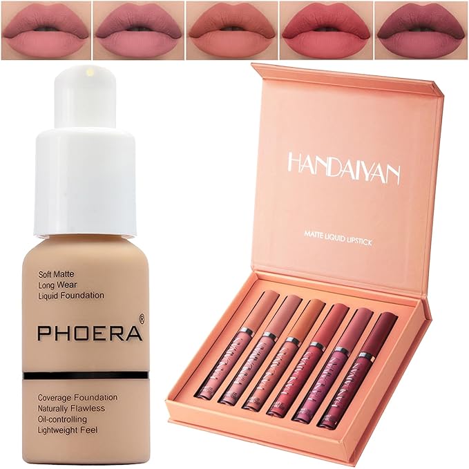PHOERA Foundation,6 Pcs Matte Liquid Lipstick Makeup Set, Matte liquid Long-Lasting Wear,PHOERA Makeup Foundation Full Coverage(104- Buff Beige)-Velvo Beauty