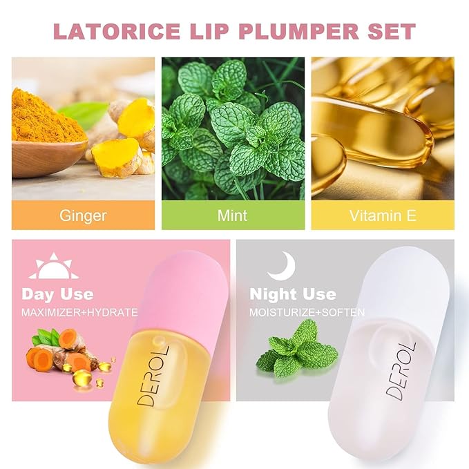 DEROL Lip Plumper Set, Lip Plumper Gloss, Natural Lip Plumper and Lip Care Serum, Lip Enhancer for Fuller, Lip Mask, Beautiful Fuller, Hydrating & Reduce Fine Lines Day&Night, 5.5ml (WS002)-Velvo Beauty