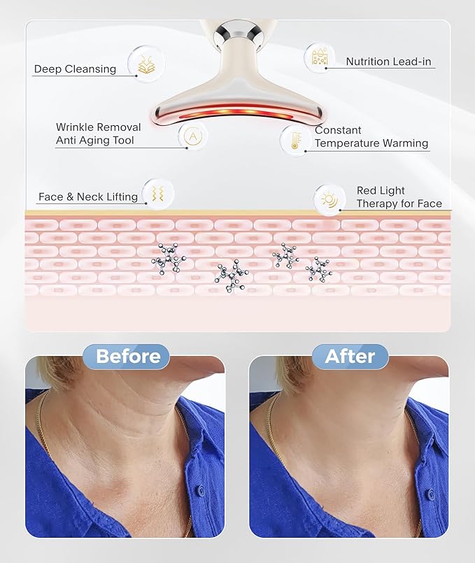 Red Light Therapy for Face and Neck, 7 Color Beauty Face Massager Tool, Vibrating Facial Massager with Thermals for Wrinkles, Double Chin, Glossy White-Velvo Beauty
