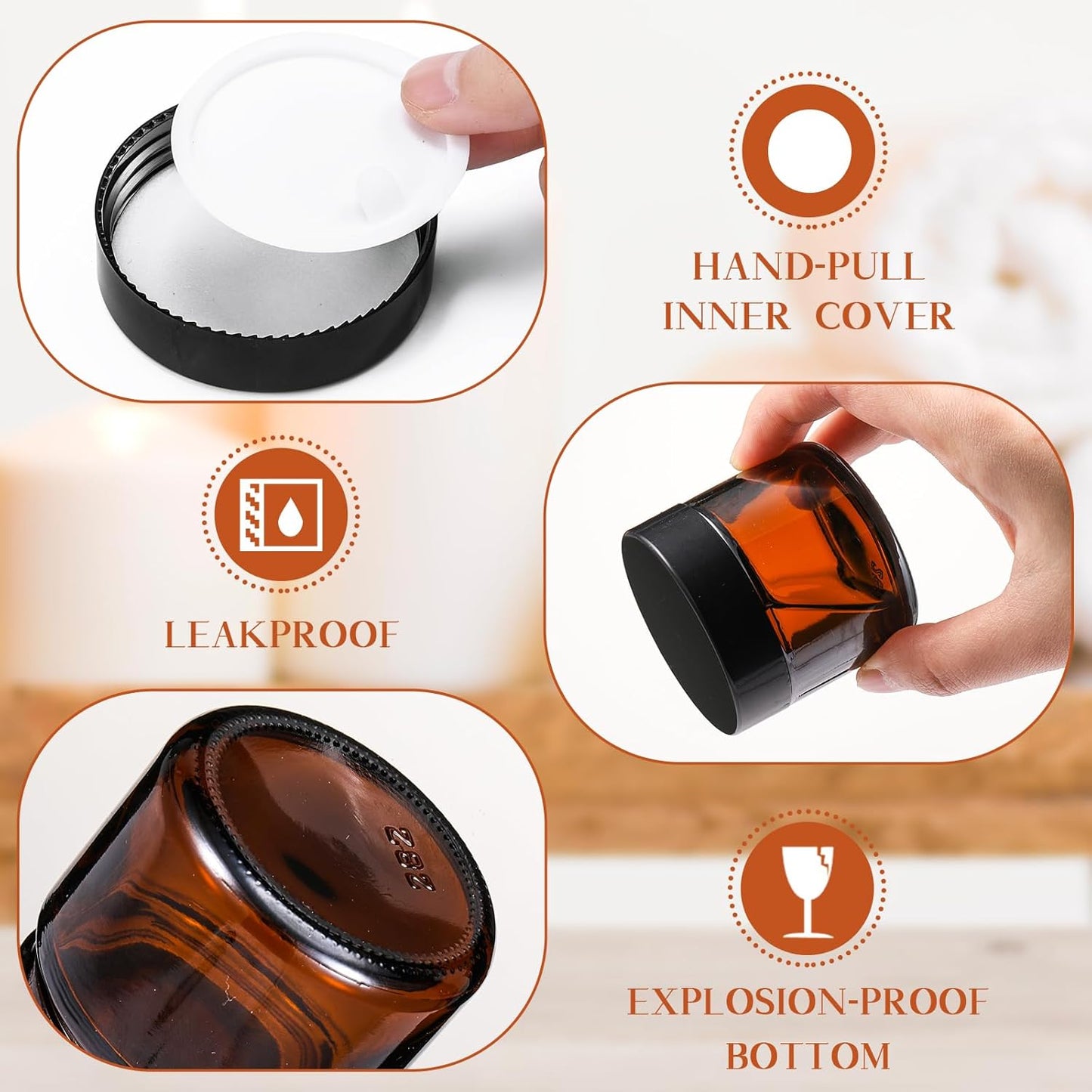 Domensi 32 Pcs 2 oz Glass Jars with Lids Travel Size Round Leakproof Empty Cosmetic Jars with Inner Liners Lid for Storing Makeup Lotions Face Cream Ointments Candle DIY Making (Amber)-Velvo Beauty