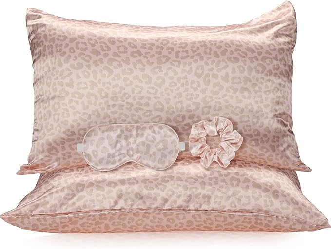 2 Pack Satin Pillowcase with Latent Zipper, Adjustable Satin Eye Mask for Sleeping and Satin Volume Scrunchie for Hair and Skin, Standard Size (Pink, Leopard Style)-Velvo Beauty