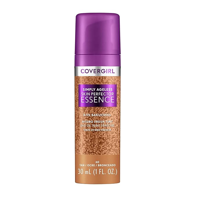 Covergirl Simply Ageless Skin Perfector Essence Foundation, 60 Tan, Tinted Skin Perfector, Skincare Makeup Hybrid, Sheer Tint, Radiant Finish, Skin-Like Finish, Vegan Formula, 1.0oz-Velvo Beauty