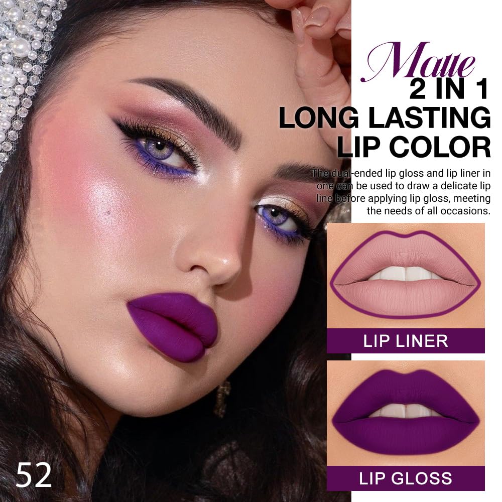 evpct 1Pcs Purple Matte Lip Liner & Liquid Lipstick Stain Makeup Set for Women, Purple Lip Liner Stain Long Lasting Waterproof Smudge Proof, Cruelty Free Lip Stick Makeup 24 hours originales, 52-Velvo Beauty