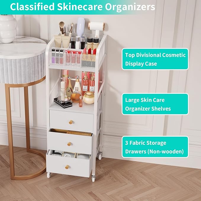 HapiRm Rolling Makeup Cart Organizer - Floor Skincare Make Up Storage with 3 Drawers, Vanity Organizer Cosmetic Display Cases Holder for Skin Care Perfume Nail Polish Brush Hair Tool, White-Velvo Beauty
