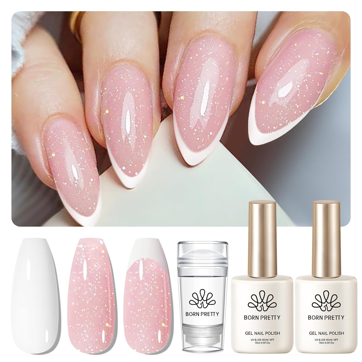 Born Pretty French Manicure Kit, Nail Stamper and 2Pcs Gel Nail Polish, Include Jelly Glitter Pink White Colors for French Tip, U V Light Cure-Velvo Beauty
