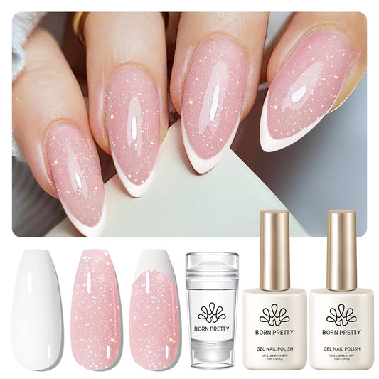 Born Pretty French Manicure Kit, Nail Stamper and 2Pcs Gel Nail Polish, Include Jelly Glitter Pink White Colors for French Tip, U V Light Cure-Velvo Beauty
