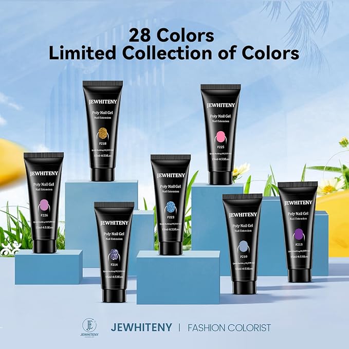 JEWHITENY 28 Colors Poly Nail Gel Set - 15ml Nude Pink Brown Black Grey Blue Yellow Tones for French Manicure DIY Nail Art Salon & Home Use Holiday Gift-Velvo Beauty