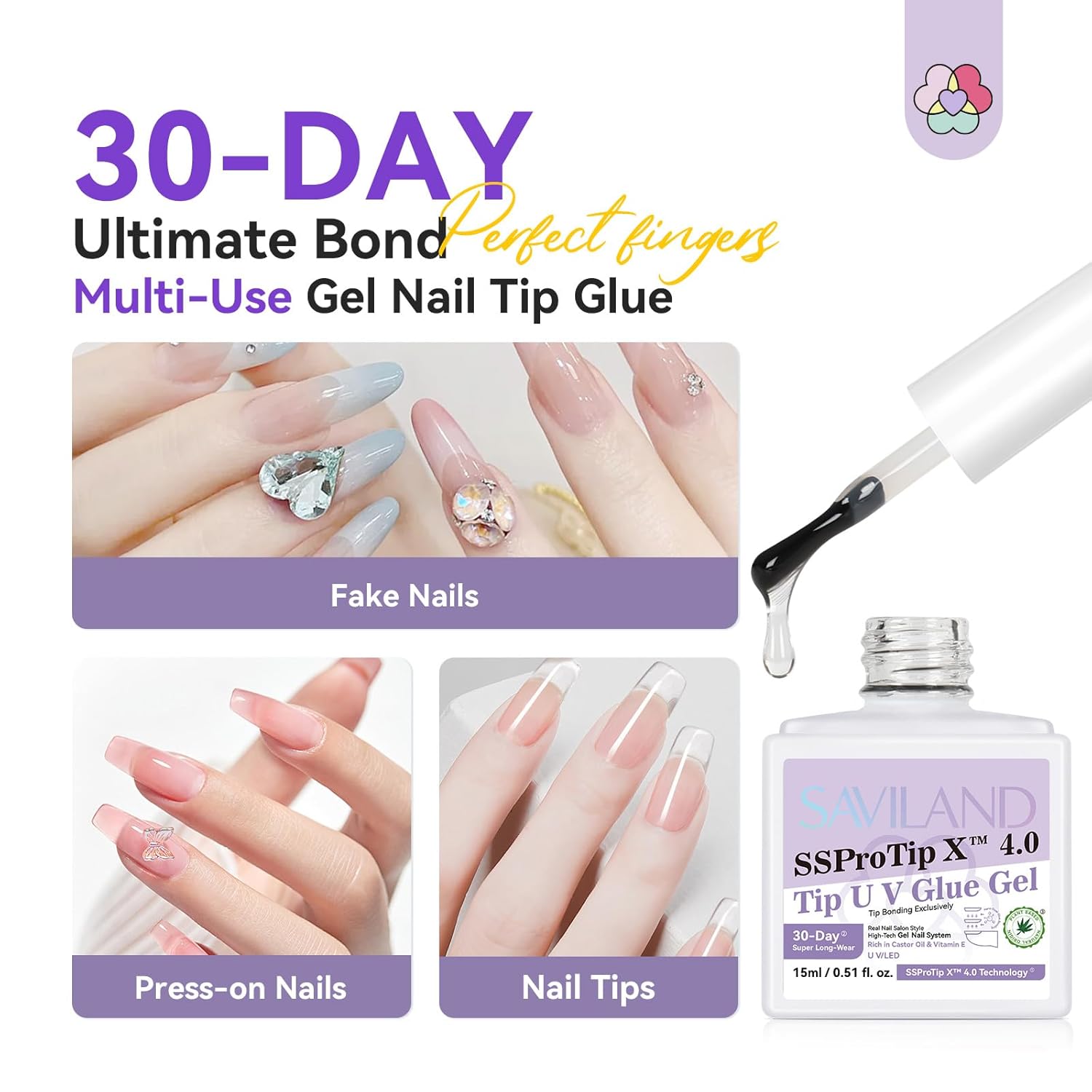 SAVILAND Gel Nail Glue & Nail Primer Set: 30-Day Long Lasting Extra Strong Nail Glue Gel with Nail Primer Rich in Castor Oil Vitamin E for Gel Glues for Nails False U V Lamp Required SSProTip X 4.0-Velvo Beauty
