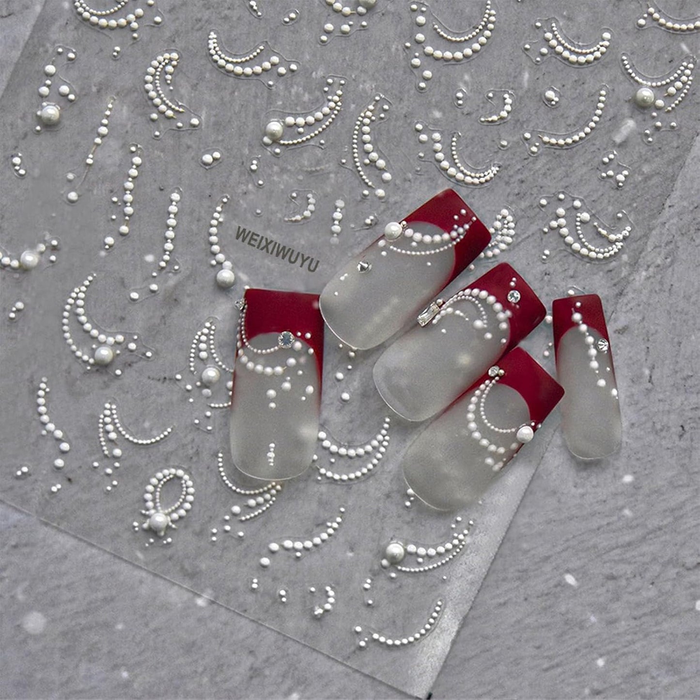 White French Tips Pearls Nail Art Stickers 5D Embossed Romantic Nail Stickers Line Nail Decals Design Nail Accessories for Women Valentine's Day Nail Art Decoration-Velvo Beauty