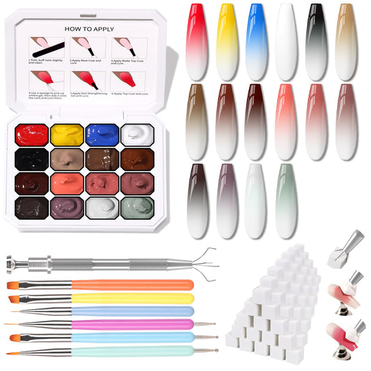 Sponge Pat Paint Nail Gel, Ombre Nails Gradient Gel Nail Blush Blooming Aura Nails Drawing Stripper Floral Painting DIY Nail Art, No Wipe, UV/LED Curing (16 Colors J)-Velvo Beauty
