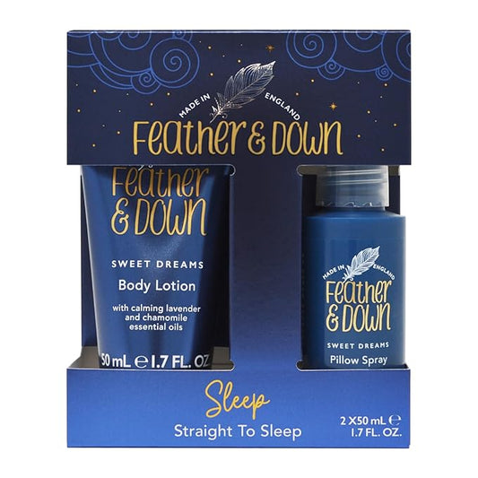 Feather & Down Straight to Sleep Gift Set: 50ml Pillow Spray & 50ml Body Lotion, The Perfect Sleep Duo, Infused with Lavender & Chamomile Essential Oils, Vegan & Cruelty Free-Velvo Beauty