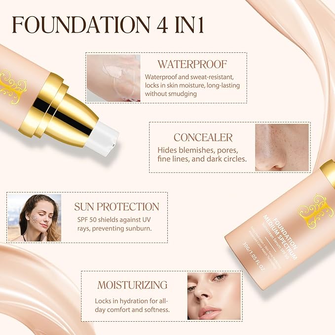 Foundation 4 in 1, SPF 50, Medium Coverage, Hydrating Color Changing Foundation Makeup Liquid, Long-lasting &Waterproof and Sweatproof, Neutral Finish, Suitable for All Skin Types-Velvo Beauty