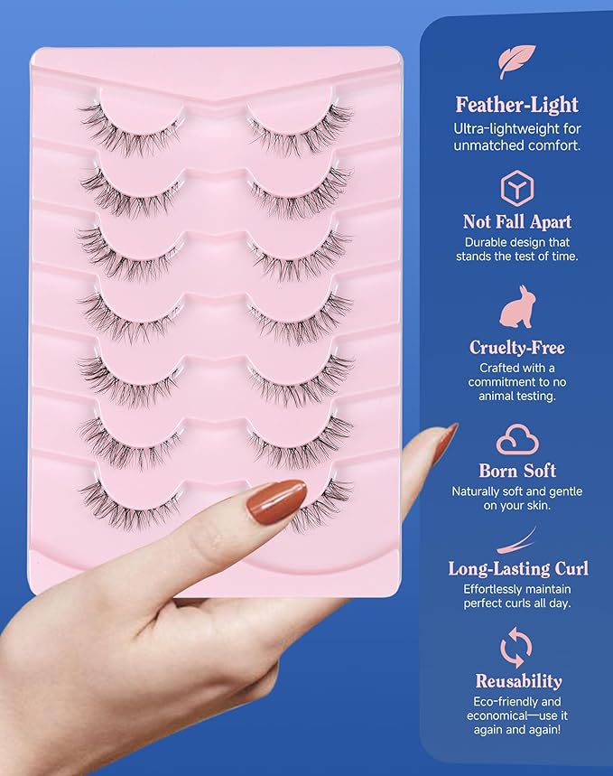 Short Lashes Natural Look Wispy False Eyelashes Flared Strip Eyelash Small Lash Fluffy Clear Band 7 Pairs SF-08-Velvo Beauty