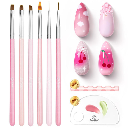 Beetles Nail Art Brushes, 6 Pcs Fingernail Art Design Pens, Pink Handle French Tip Ombre Clean Up Nail Brush Set for Gel Polish with Palette DIY Manicure Tools Gift for Women-Velvo Beauty