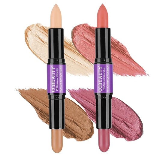 CCbeauty 2pcs 2-IN-1 Matte Contour Highlighter Stick with Blush,Cream Dual-End Highlight Bronzer Concealer & Blusher for Cheeks & Lip, Long Lasting Contouring for Face Shaping Makeup, Medium-Tan-Velvo Beauty