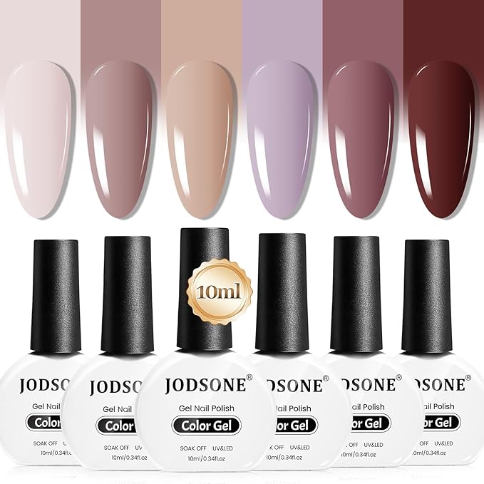 JODSONE 10ml Nude Pink Gel Nail Polish Set 6Colors Long Lasting Neutral Brown Red Purple Nail Polish Lacquer Glossy Art for Nail and Salon Need U V Lamp-Velvo Beauty