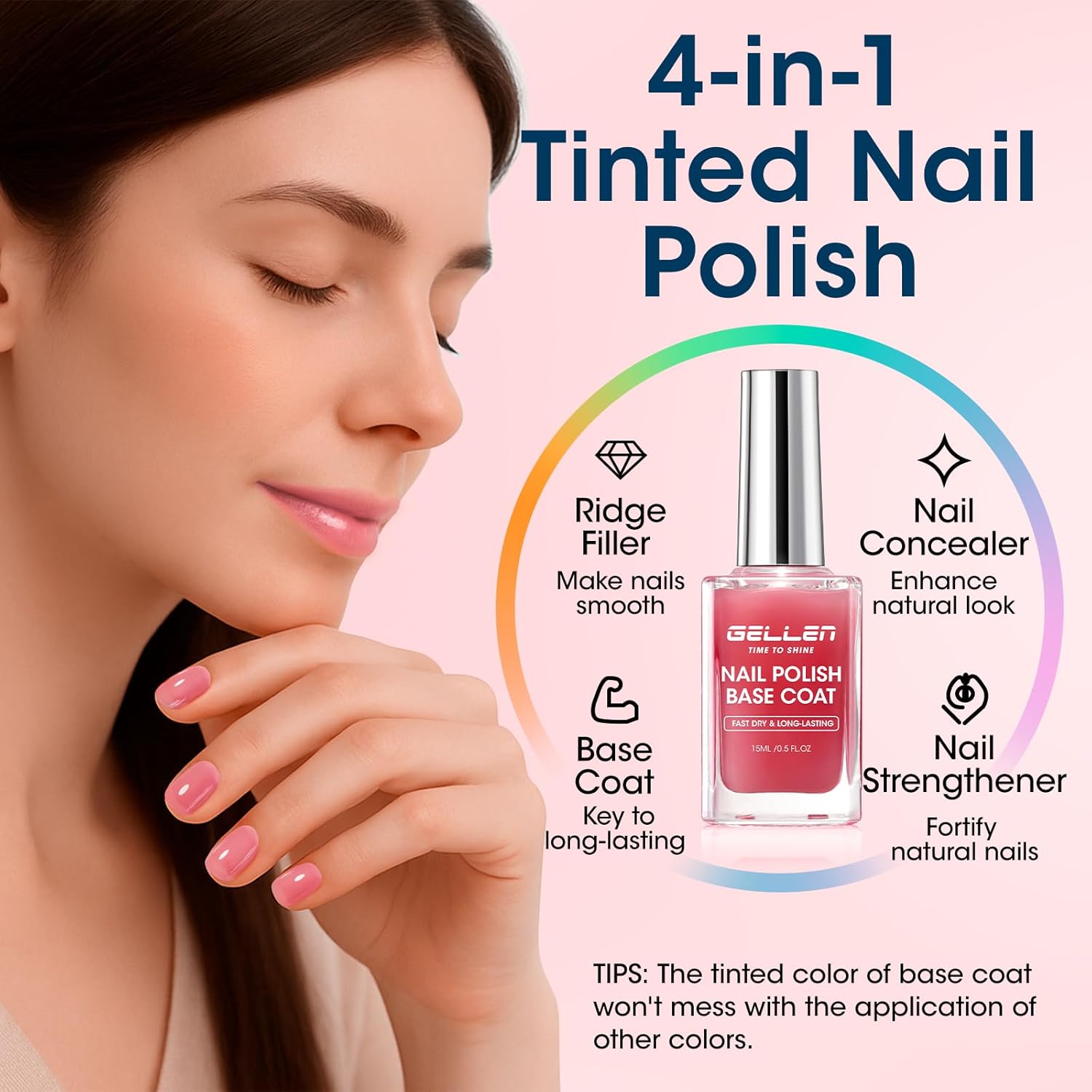 Gellen 4‑in‑1 Clear Nail Polish Base Coat Sheer Tinted Red, Ridge Filler, Nail Strengthener & Concealer, Calcium Formula Strengthens Nails, Natural Color Enhances Natural Look, No HEMA, Anti-yellowing-Velvo Beauty