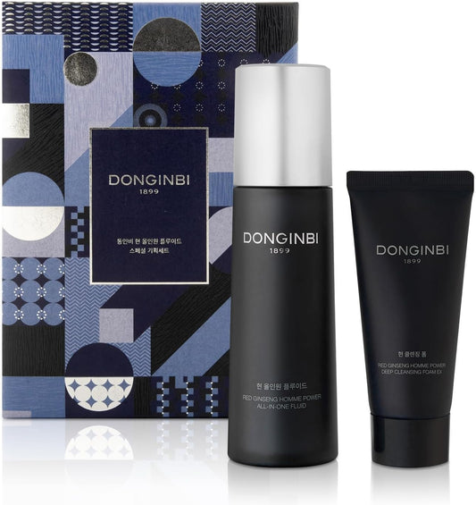 Donginbi Red Ginseng Homme All-in-One Special Set - Hydrating Korean Red Ginseng Essence(4.06 floz), Glycolic & Squalane Acid Face Wash, AHA Exfoliant, Korean Skin Care Set Gifts for Men-Velvo Beauty