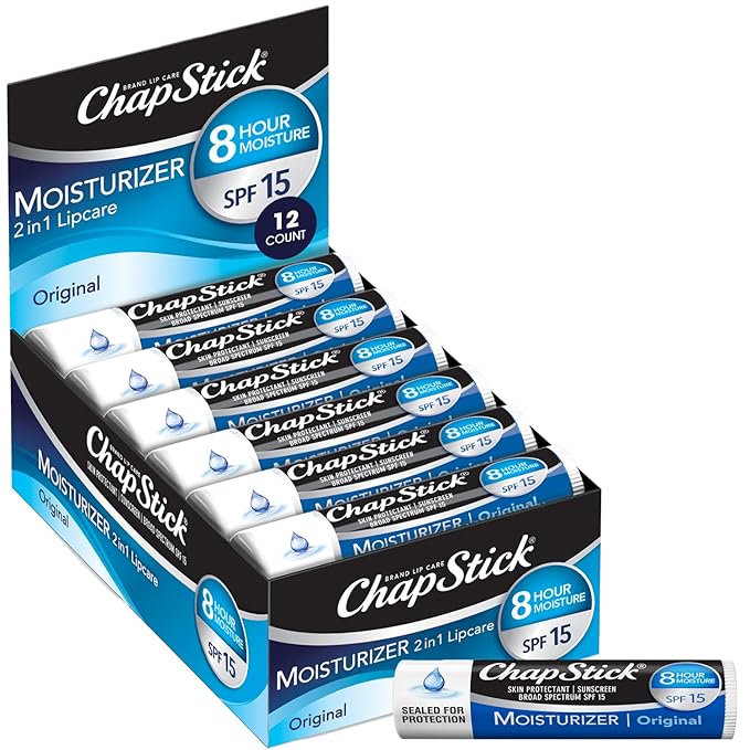 ChapStick Moisturizer 2-in-1 Lipcare SPF 15, Original, 12-Pack – 8-Hour Sunscreen Lip Balm with Aloe Vera and Vitamin E, 0.15 Oz Ea-Velvo Beauty