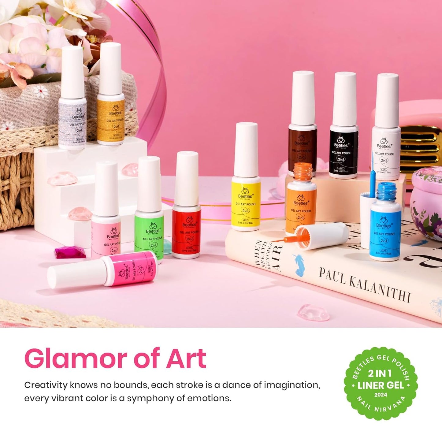 beetles Nail Art Polish Set- 12 Colors 2 IN 1 Gel Nail Polish, Pink Blue Purple Brown Black Gel Liner Polish Soak Off Nail Art Design Set, Nail Brush for Nail Painting for Women-Velvo Beauty