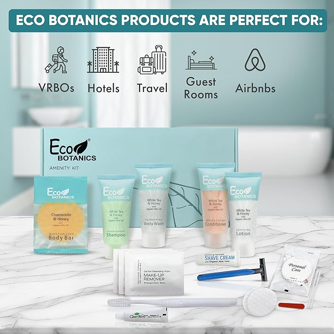 Eco Botanics Amenity & Accessory Kit | 0.85 oz Travel Size Shampoo, Conditioner, Lotion, Body Wash, Soap Bar, Shave & Dental Sets, Make-Up Remover Wipes, & Vanity Kit | 60 sets per case-Velvo Beauty