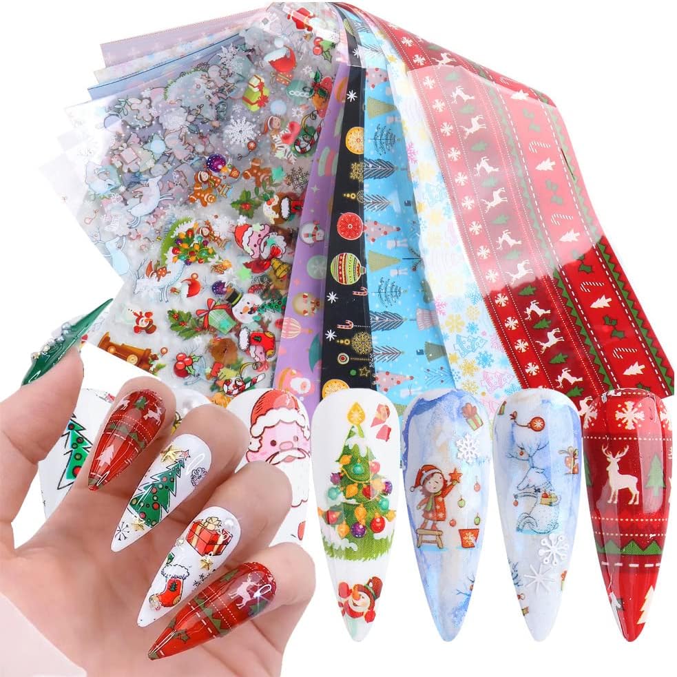 Christmas Nail Stickers Decals Nail Foil Transfer Sticker 10 Sheets Christmas Santa Tree Snowflake Deer Xmas Holiday Decorations Stickers for Manicure Supplies-Velvo Beauty