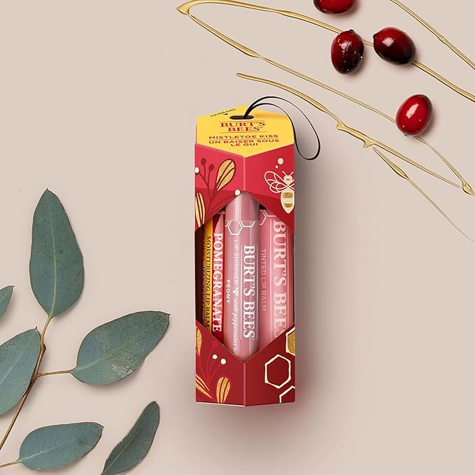 Burt's Bees Mistletoe Kiss Lip Care Stocking Stuffers Holiday Gift Set, Mistletoe Kiss Set, Pomegranate, Peony & Hibiscus-Velvo Beauty
