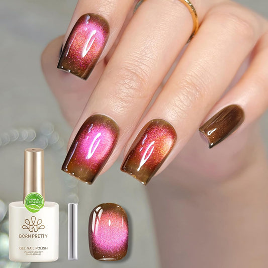 Born Pretty 15ML Cat Magnetic Eye Gel Polish, Pink Brown Gel Nail Polish Fall Winter Cat Holographic Magnetic Nail Polish Nail Art Manicure Salon DIY at Home-Velvo Beauty