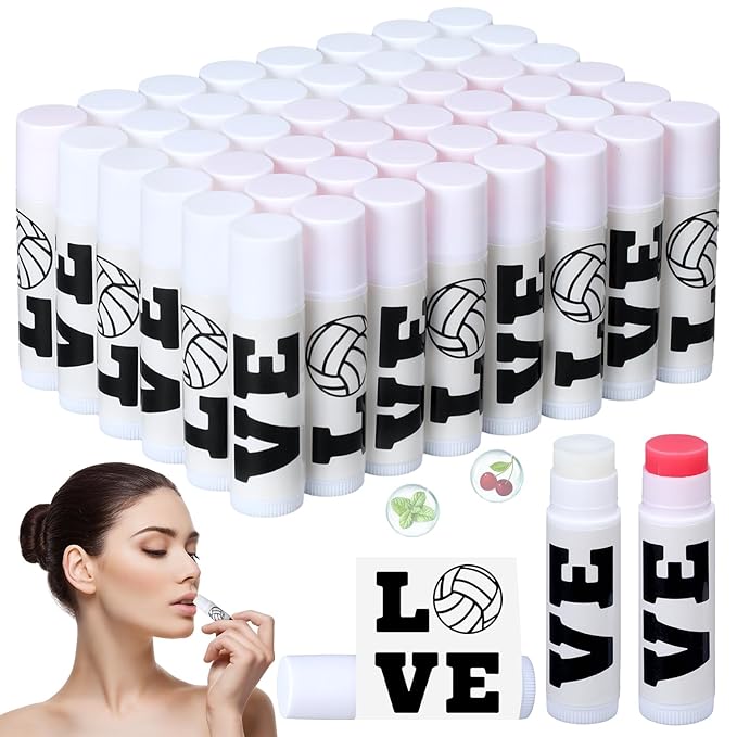 50 Pcs Happy Birthday Lip Balm Bulk Volleyball Moisturizing Lip Gloss with Natural Ingredients Lip Balm Bulk Gifts Baskets Business for Girls Men Women and Children Party (Stylish Volleyball)-Velvo Beauty