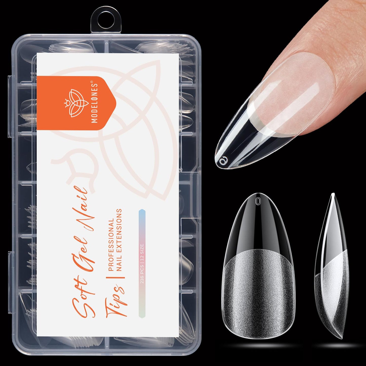 modelones Pointed Almond Nail Tips, Medium Pre-shaped Soft Gel Tips Fake Nails False Acrylic Clear Full Cover Press on Extension Gel Kit Manicure DIY at Home 216PCS 12Sizes-Velvo Beauty