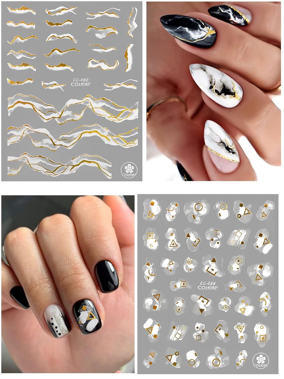 12 Sheets Nail Art Stickers Decals,TOROKOM Self-Adhesive White Black Gold Stripe Line Nail Decals Marble Wave Nail Sticker Supplies for 3D Nail Design Nail Accessories for Women French Nail Decoration-Velvo Beauty