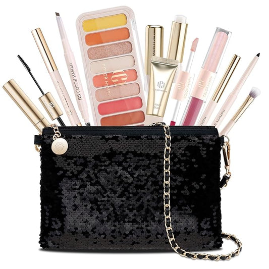 Color Nymph Teen Girls Makeup Kits, Makeup Kit For Girls All In One Makeup Sets For Women With Sequin Bag Packed Individually 9 Colors Eyeshadow Palette Lip Gloss Eyeliner Mascara -Orange Pink-Velvo Beauty