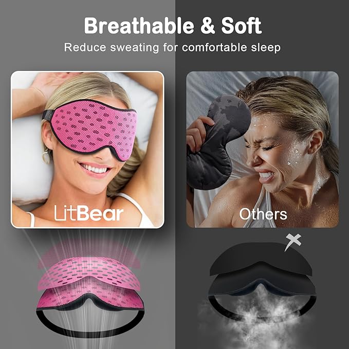 LitBear Breathable Sleep Mask, 3D Eye Mak Sleep for Side Sleepers Women Men, Light Blocking Sleeping Mask with Adjustable Strap, Soft Lightweight Eye Cover for Travel, Night Work, Nap, Office - Pink-Velvo Beauty