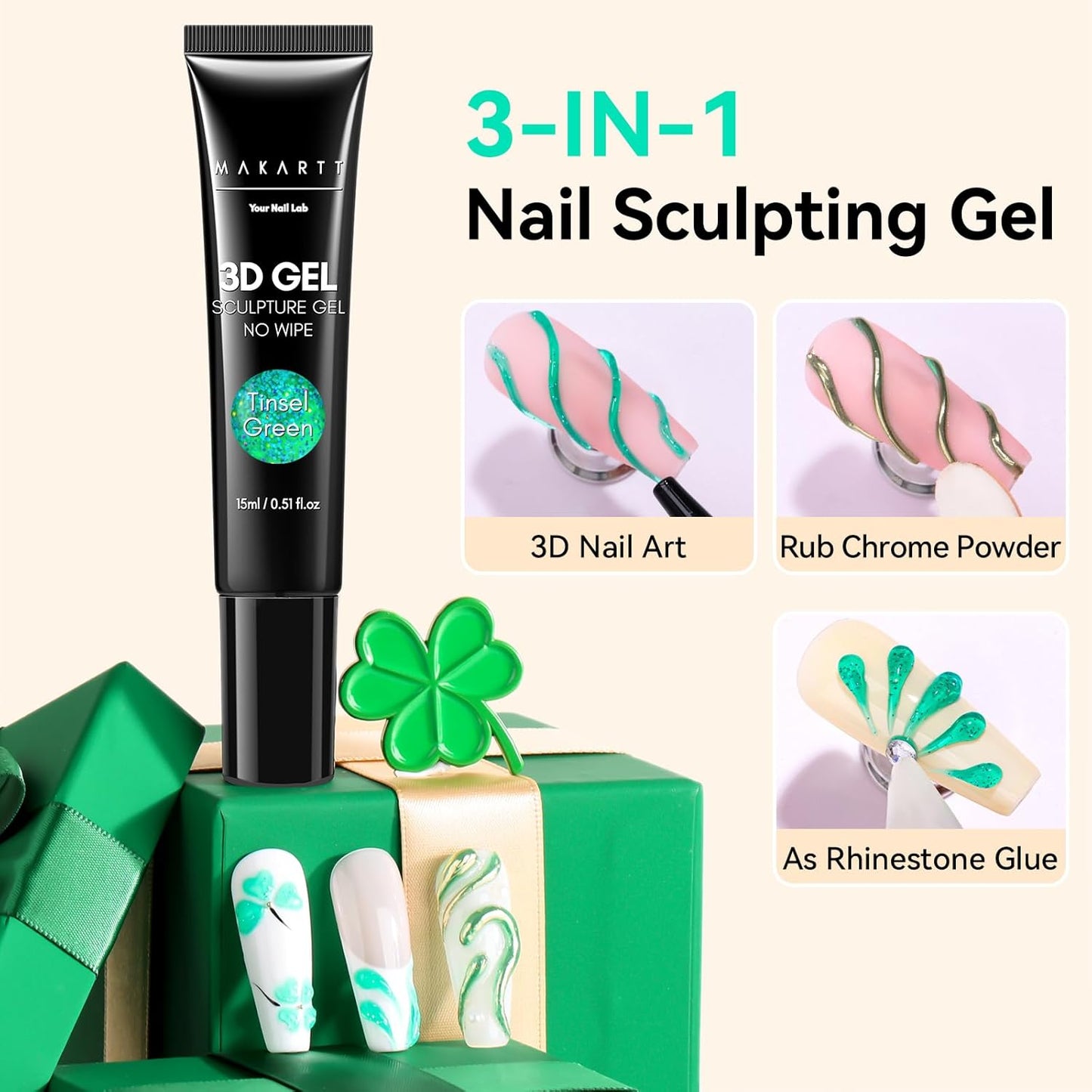 Makartt 3D Gel Nail Art- 3D Nail Gel Sculpting Gel for Nail Designs 15ml 3 in 1 No Wipe Polish for Drawing Carving Nails Molding Gels for Nail Decoration Charms- Tinsel Green-Velvo Beauty