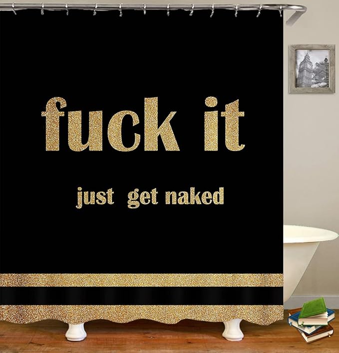 4PCS Gold Glitter Get Naked Shower Curtain Set, Funny Quote Stripe Luxury Glam Modern Dorm Bathroom Decor, Waterproof Fabric Black Shower Curtain, Non-Slip Bath Mat Toilet Rug, Just Get Naked-Velvo Beauty