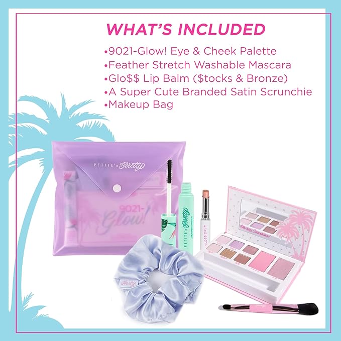 Petite ’N Pretty Dream in Color Makeup Set for Kids, Teens, Tweens - 3-in-1 Eye & Cheek Palette (Blush, Eyeshadow, Highlighter) with Brush, Lip Gloss Balm, Feather Stretch Mascara & Satin Scrunchie-Velvo Beauty