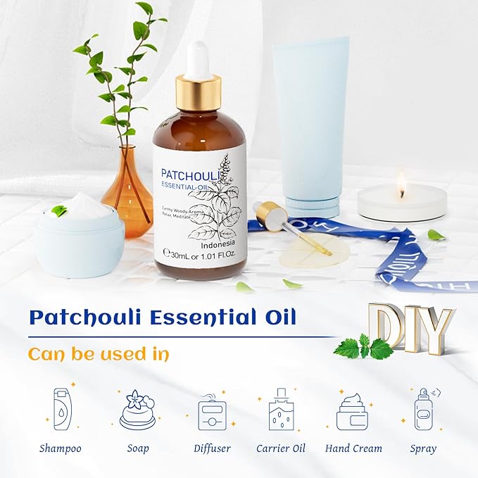 HIQILI Patchouli Essential Oil Organic, 100% Pure, for Diffuser, Homemade Perfume, Skin Care, Aromatherapy, Gift for Hippie Friend-30ML-Velvo Beauty