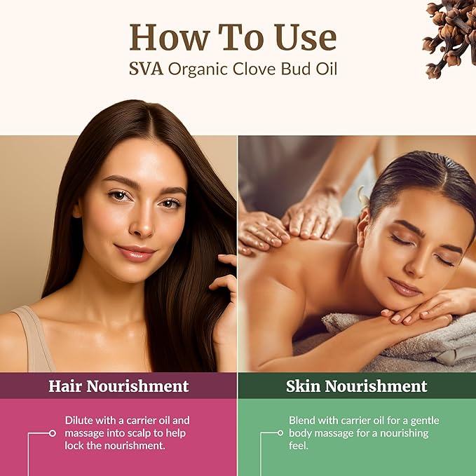 SVA Clove Essential Oil Organic – 4 Fl Oz – 100% Natural Organic Clove Oil - for Diffuser, Hair Care, Face, Skin Care, Aromatherapy, Scalp and Body Massage, Soap and Candle Making - with Dropper-Velvo Beauty