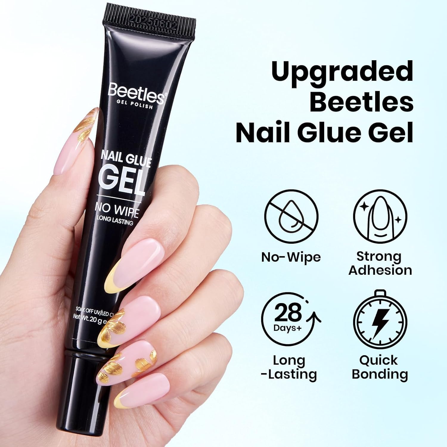 Beetles 2Pcs 20g Nail Glue Gel, No Wipe, Hands-Free Tipex Solid Nail Glue Gel, Super Strong for Acrylic Nails Extension Fake Nails, 3D Nail Art, Great for Home & Salon Use, U V Light Required-Velvo Beauty