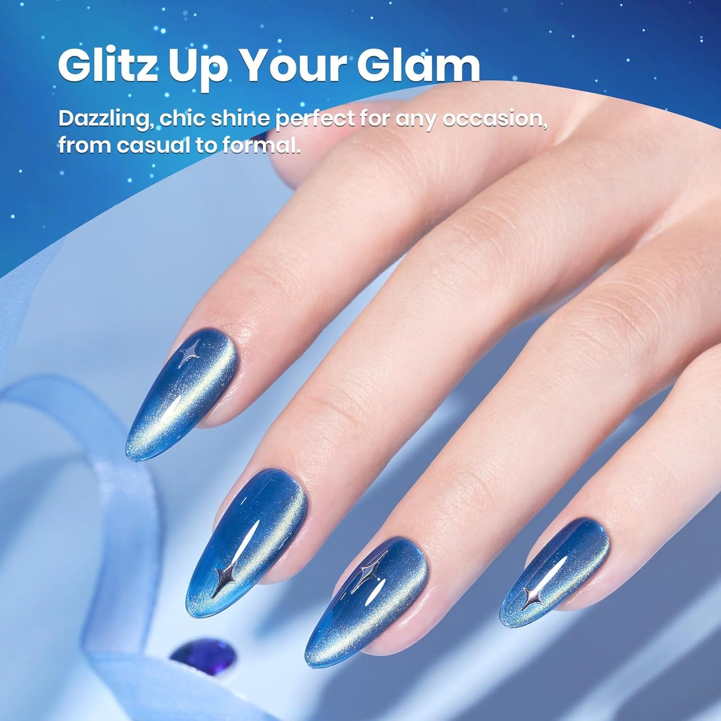 Beetles Blue Cat Eye Gel Nail Polish - 15ML Blue Glass Cat Eye Glitter Magnetic Gel Polish Shimmer Soak Off UV Stellar Whisper Collection Nail Art Design Manicure Gifts for Women-Velvo Beauty