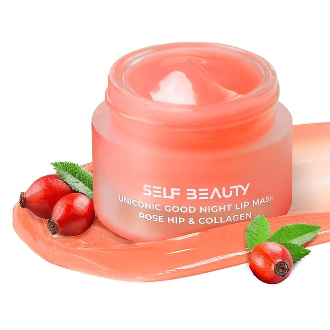 SelfBeauty Lip Mask - Rosehip & Collagen, Vegan Lip Balm, Lip Moisturizer, Overnight Hydrating Lip Treatment with Collagen Peptide, Lip Scrub Exfoliator Intensive Lip Repair, 0.51fl.oz-Velvo Beauty