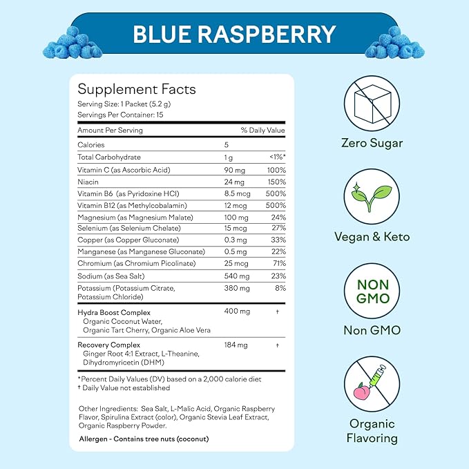 Feel Goods Hydration Hero, 1,000mg Electrolytes Powder, Sugar Free, Magnesium, Organic Aloe Vera, L Theanine, Vitamin C & B12, Keto, Vegan, Electrolyte Packets, Blue Raspberry, 15 Count-Velvo Beauty