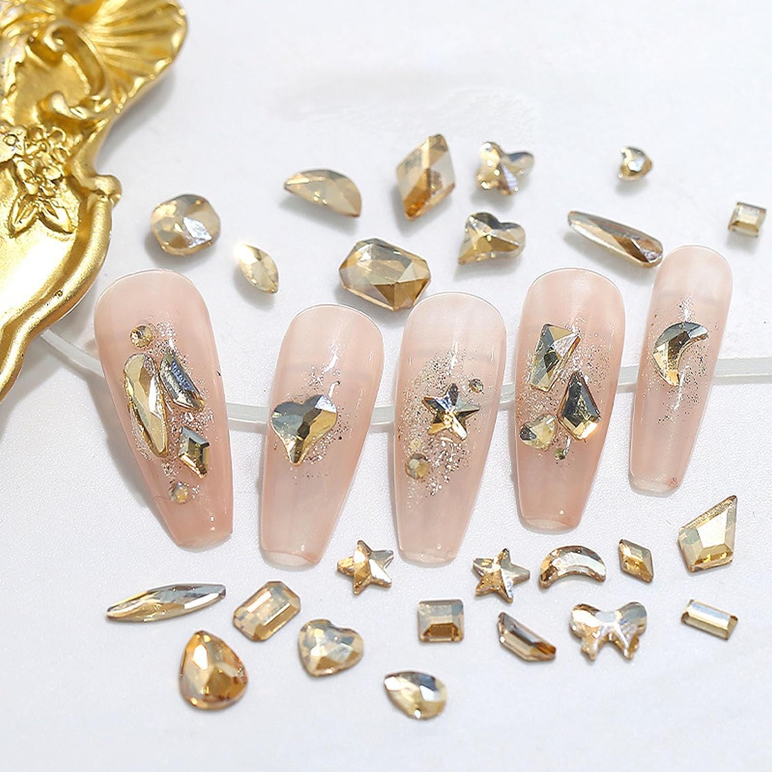 Nail Rhinestones Kit, 18 Types of 900 Special-Shaped Nail Diamonds + 3200 Flat-Bottomed Rhinestones, Champagne Crystals DIY Crafts Gold Gemstones for Nail Art Design-Velvo Beauty