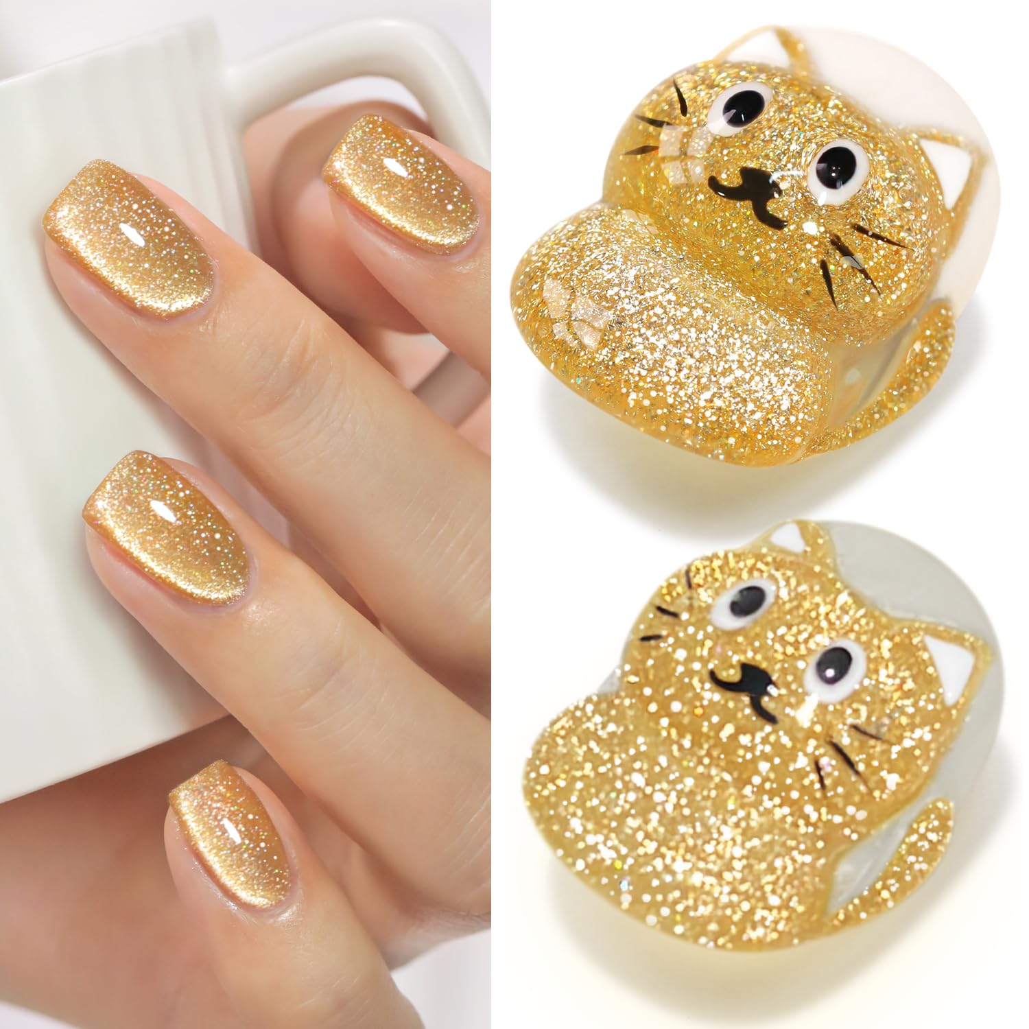 Double Rhythm Cat Eye Gel Polish with Magnet 15ML Holographic Glitter Shimmer Translucent Sheer Color Glass Magnetic Gel Polish Salon DIY at Home (Light Gold-MC1064)-Velvo Beauty