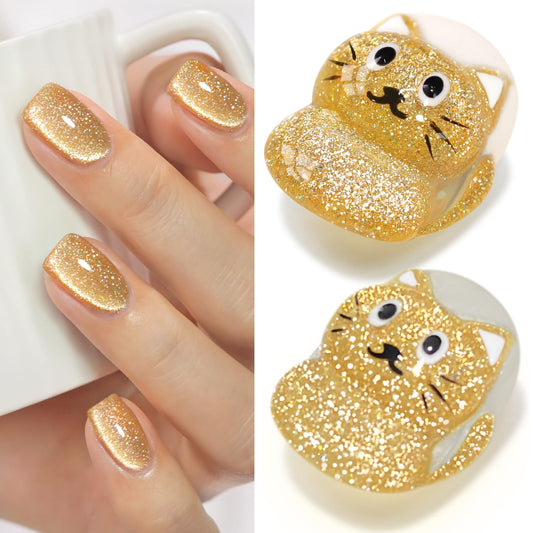 Double Rhythm Cat Eye Gel Polish with Magnet 15ML Holographic Glitter Shimmer Translucent Sheer Color Glass Magnetic Gel Polish Salon DIY at Home (Light Gold-MC1064)-Velvo Beauty