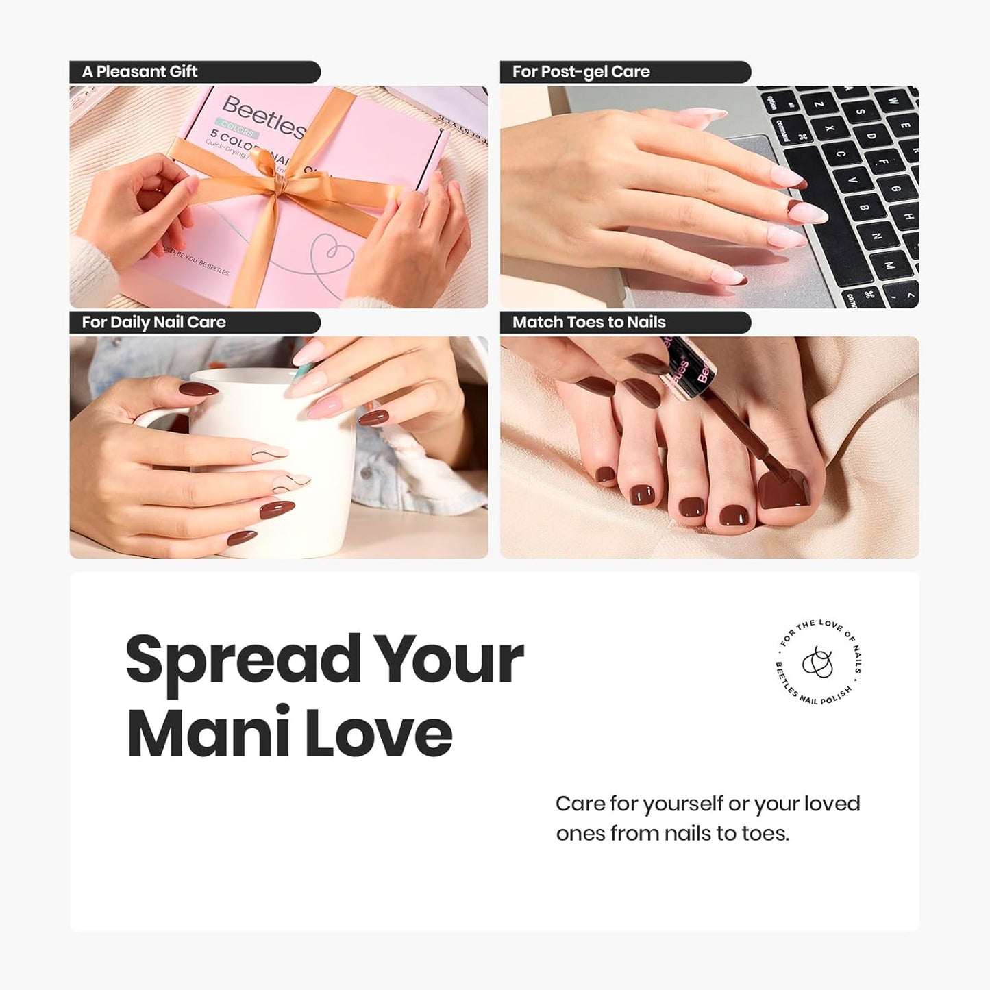 Beetles Nude Nail Polish Set 7Pcs: Fast Drying & Long Lasting Neutral Beige Brown Nail Polish with 2 IN 1 Base & Top Coat and Cuticle Serum, All-in-One Care Nails Gift Sets-Velvo Beauty