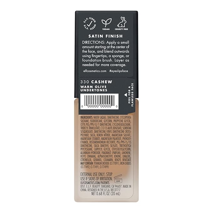 e.l.f. Flawless Finish Foundation, Lightweight & Medium Coverage, Semi-Matte Finish, Cashew, 0.68 Fl Oz (20mL)-Velvo Beauty