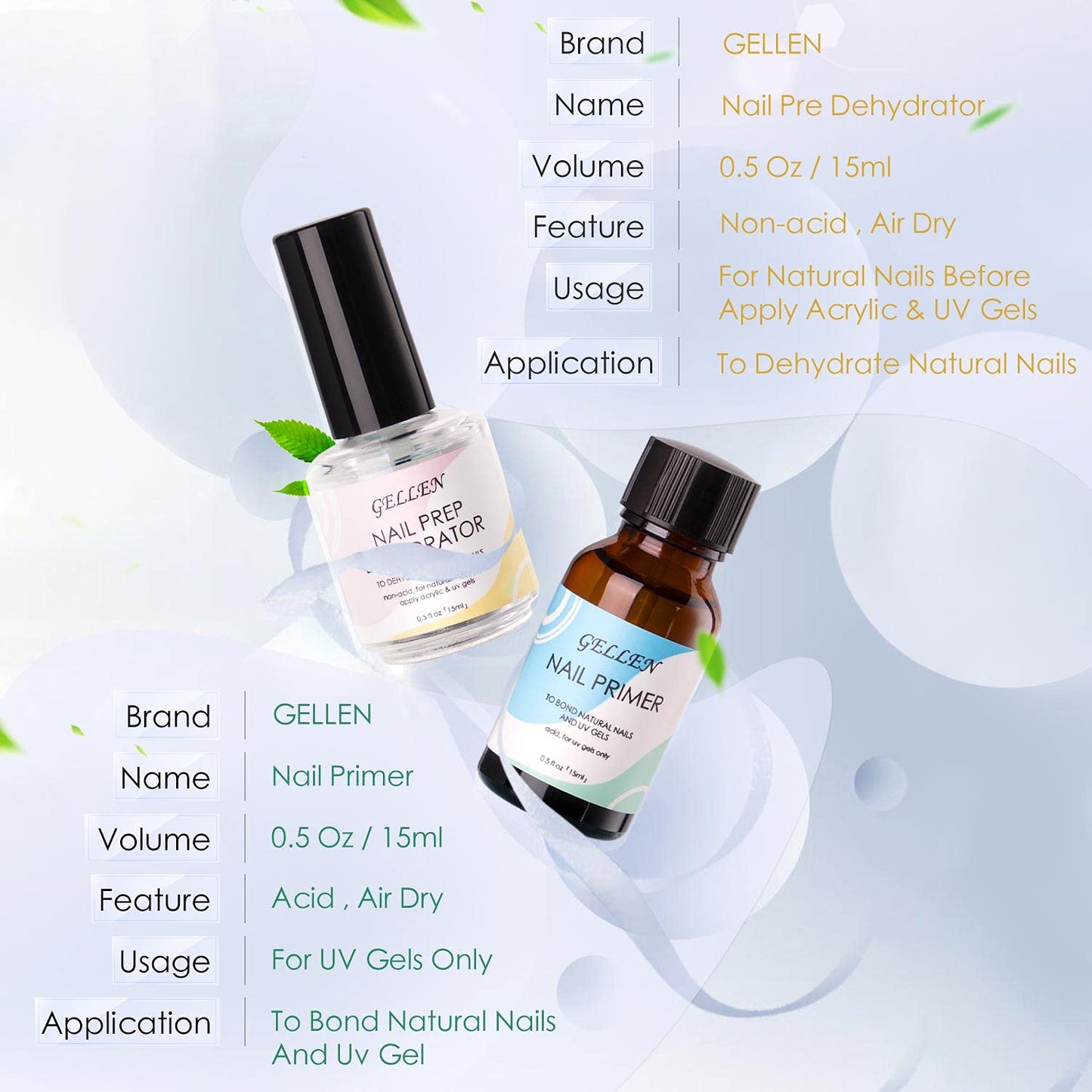 Gellen Nail Dehydrator and Nail Primer, Long-Lasting Air Dry (Acid Free) for Acrylic Powder and Gel Nail Polish, Superior Protein Bonding, 15ML / 0.5 oz Each-Velvo Beauty