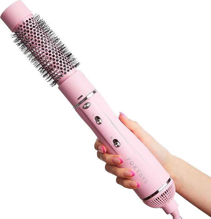 FoxyBae 3-in-1 Ceramic Interchangeable Hair Tools - Blowout Dryer - 3 Detachable Heads - 2.4" Blowout Brush, 1.5" Hot Round Brush & Drying Cylinder Hair Dryer Brush & Hair Styling Set [Party Pink]-Velvo Beauty