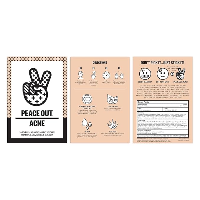 PEACE OUT Acne Healing Dots Helps Clear Blemishes Overnight, Fast Acting Hydrocolloid Pimple Patches for Breakouts with Salicylic Acid, Retinol and Aloe Vera, Award Winning Skincare Solution 20 Count-Velvo Beauty